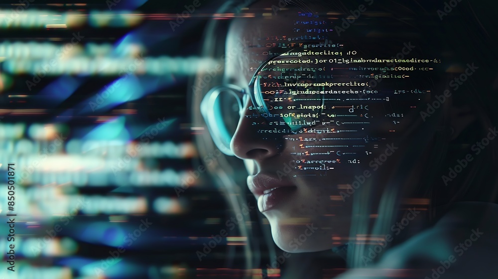 Aufkleber Software data hologram and woman with code analytics information technology and gdpr overlay Programmer coding or IT person in glasses reading html script programming and cyber securit : Generative AI