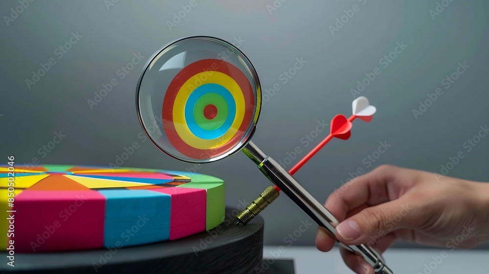 Poster unlock potential of business success stairs dart and dartboard targets magnifying glass with hand on