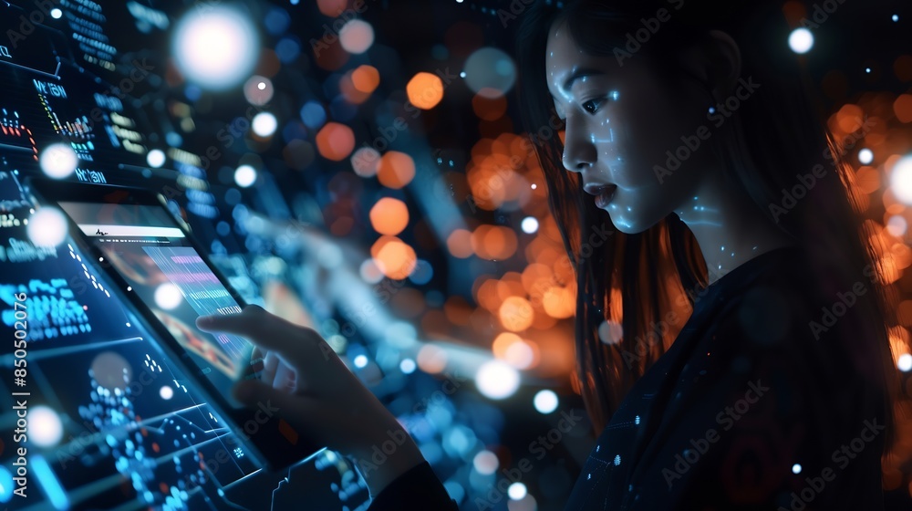 Poster Digital technology internet network connection global business concept Woman using modern computer surfing the internet data exchange digital marleting innovative technology background : Generative AI
