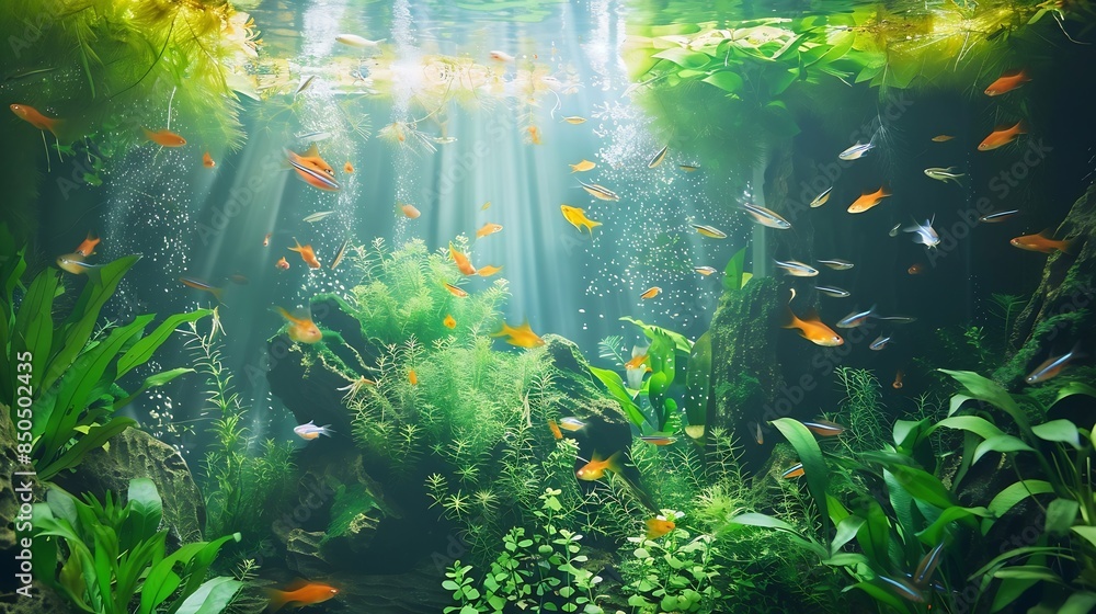 Wall mural Aquarium with tropical fish jungle landscape with nature forest design tank with variety plants fish drift wood rock stone underwater landscape with a variety of aquatic plants inside : Generative AI - Wall murals