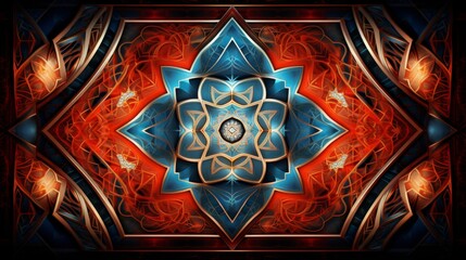 Vivid geometric tapestry with intricate eastern inspired design in an array of vibrant colors