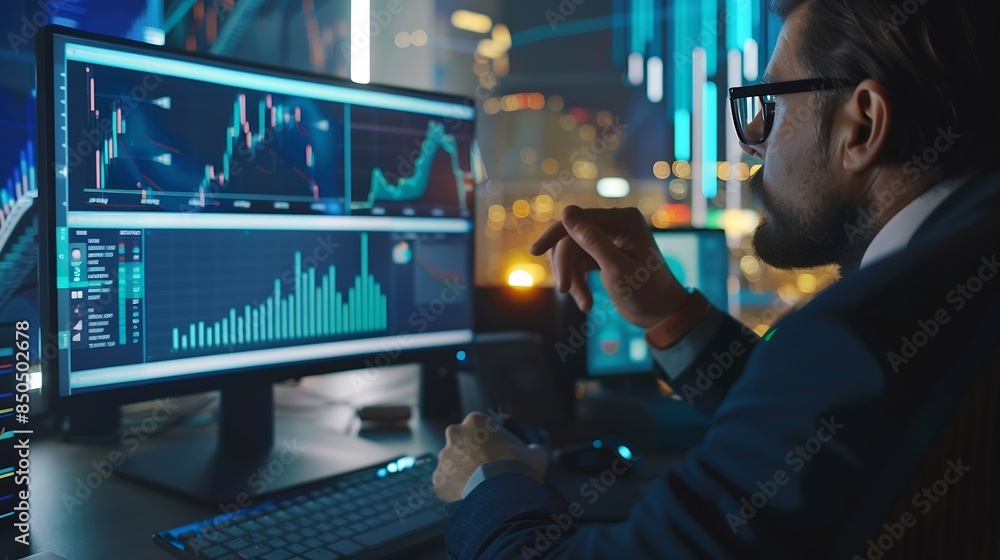 Poster Businessmen use technology to manage data analysis dashboard report accounting financial and system information strategy growth platform business concept : Generative AI