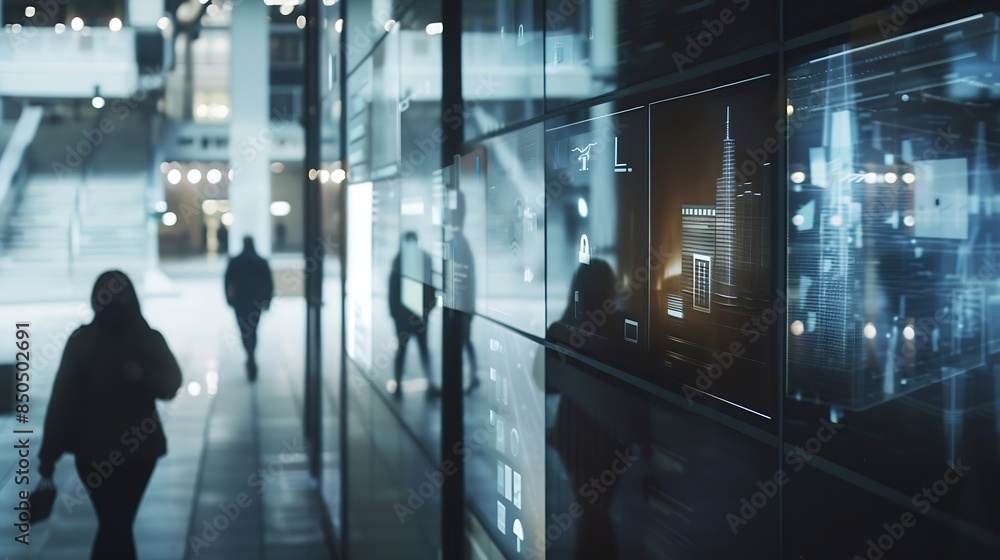 Poster Surveillance Camera CCTV Footage Multiple Screens Show Inside Building Unrecignizible People Walk HighTech Security Data Protection Mockup Screen Replacement Template for Computer Disp : Generative AI