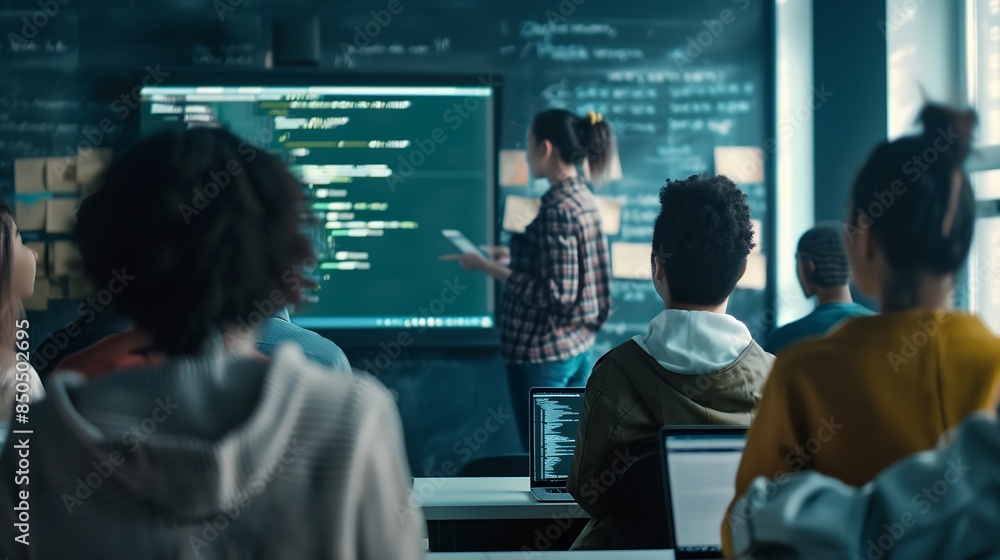 Leinwandbilder Teacher Giving Computer Science Lecture to Diverse Multiethnic Group of Female and Male Students in a College Room Projecting Slideshow with Programming Code Explaining Information Tec : Generative AI