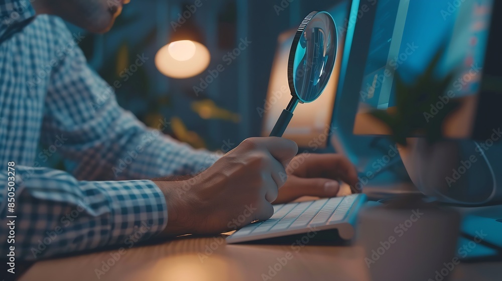 Poster Job search find a job unemployment recruitment job interview data Search Technology Search Engine Optimization man using magnifying glass and computer keyboard to Searching for informa : Generative AI