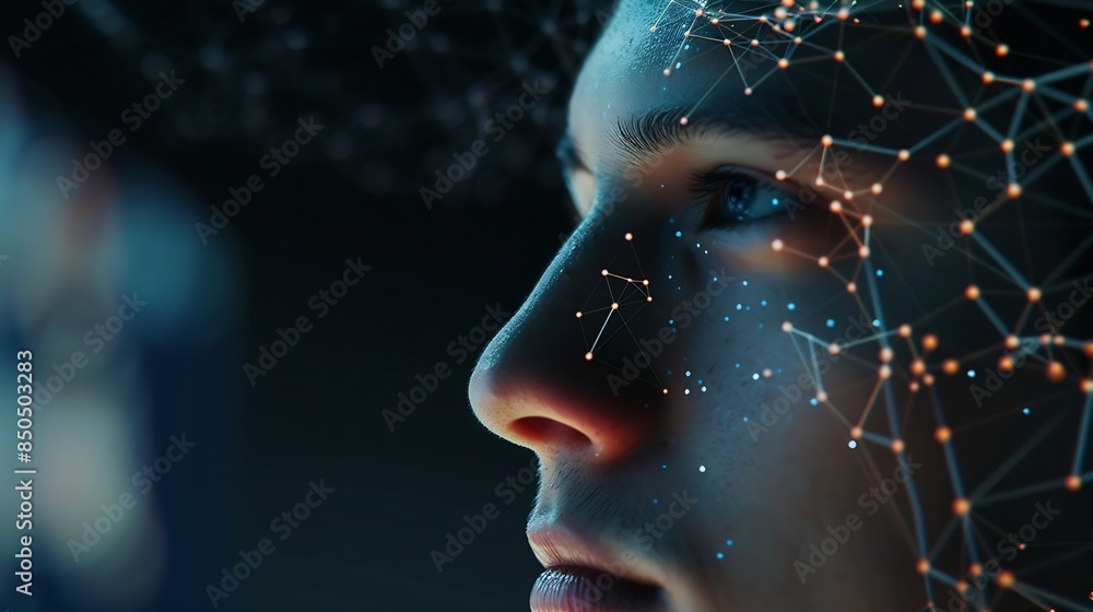 Leinwandbilder Deepfake  concept Facial tracking detection and recognition technology cyber security system concept : Generative AI
