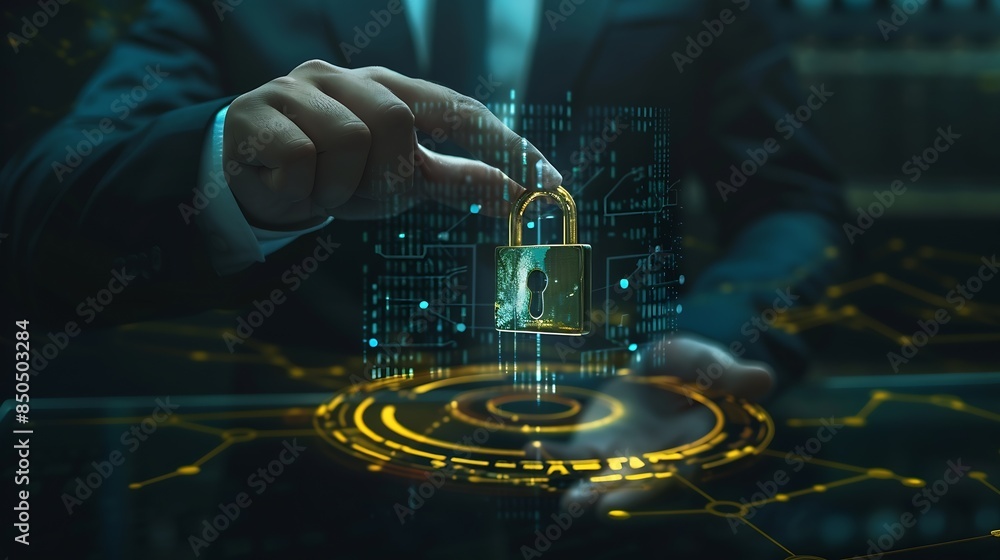 Fototapete Cyber security and data protection Businessman using  digital device protecting business data on network connection Security encryption of padlock and cybernetics Smart solution from c : Generative AI