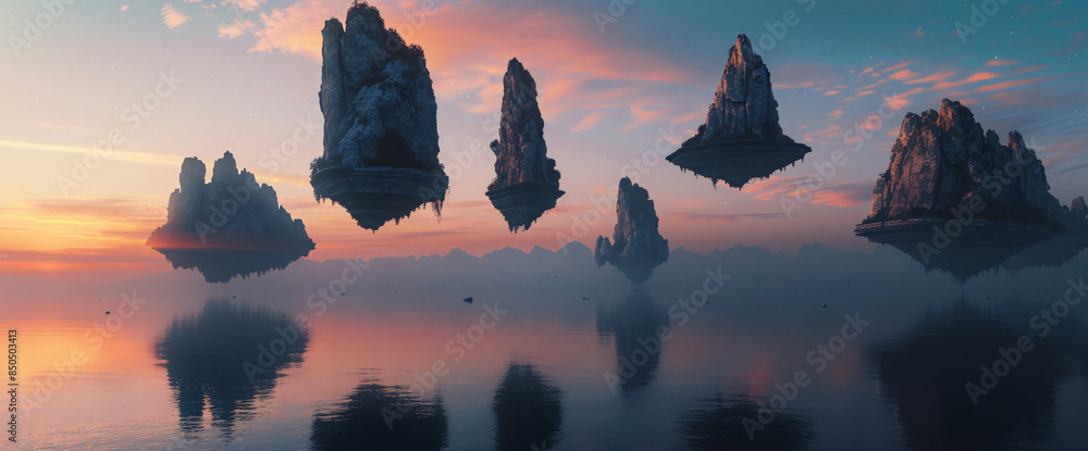 Poster 3d rendering of a surreal landscape with smooth, floating mountains and an arching water surface