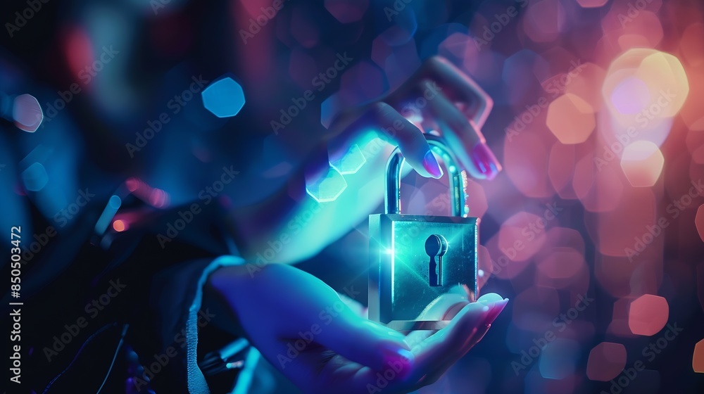 Leinwandbilder Cyber security Hand hold digital padlock Login verified identity credentials on network of data protection technologyOnline internet authorized access against cyber attack and business : Generative AI