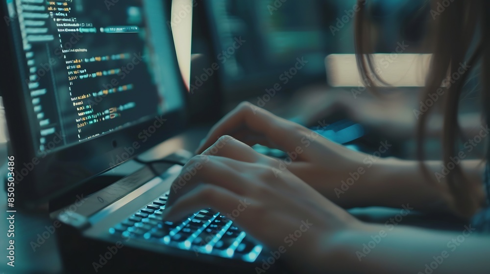 Aufkleber Hands person and typing on keyboard for research information and data with system technology Woman screen and overlay with coding or software update and programming or upgrade on cyber : Generative AI