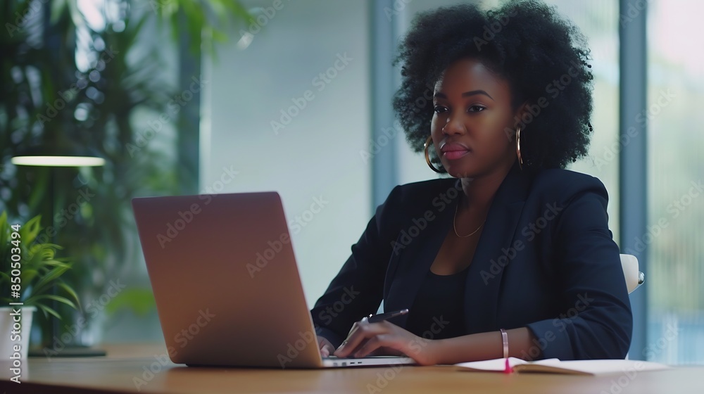 Poster Young African American business woman sitting at working desk in office using laptop computer browsing online banking website updating personal details and taking notes in notebook : Generative AI