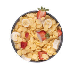 breakfast cereal bowl healthy breakfast with corn flakes and fruits and unsweetened milk top view