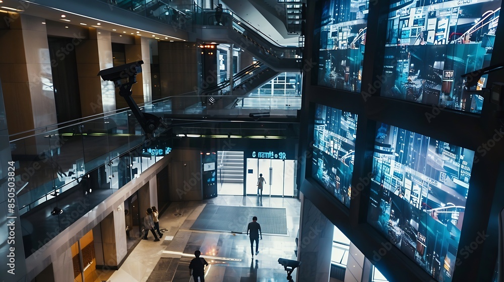 Poster Surveillance Camera CCTV Footage Multiple Screens Show Inside Building Unrecignizible People Walk HighTech Security Data Protection Mockup Screen Replacement Template for Computer Disp : Generative AI