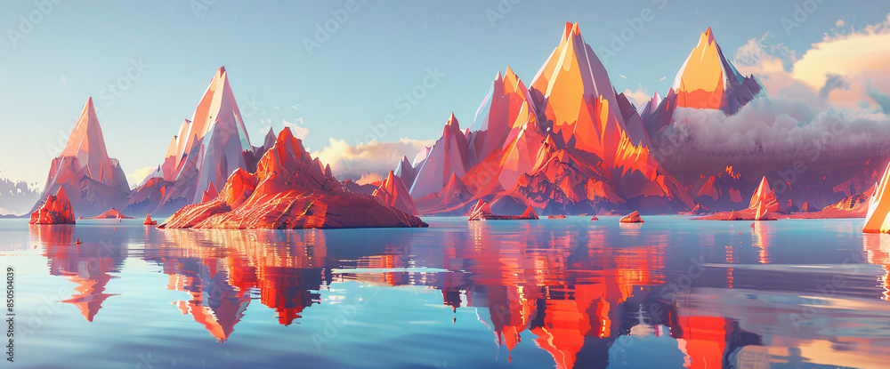 Poster 3d rendering of a surreal landscape with smooth, floating mountains and an arching water surface