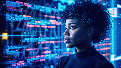 AI cyber security threat illustration, black African American female IT specialist analyzing data coding technology, augmented reality artificial intelligence collage, side profile, copy space