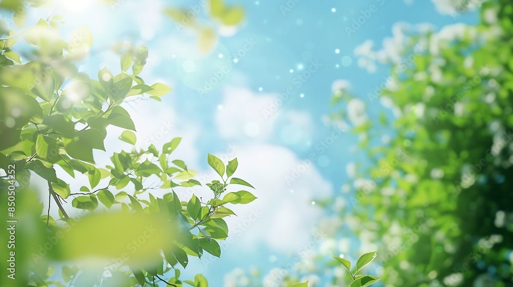 Aufkleber Beautiful blurred background image of spring nature with surrounded by trees against a blue sky with clouds on a bright sunny day : Generative AI
