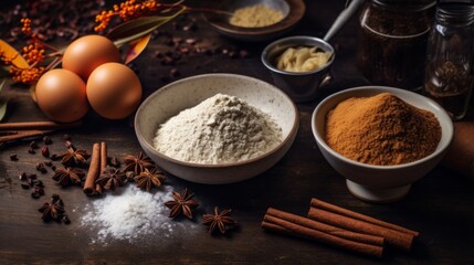 Close-up of baking ingredients, showcasing eggs, cinammon, and other spices with a cozy autumnal vibe