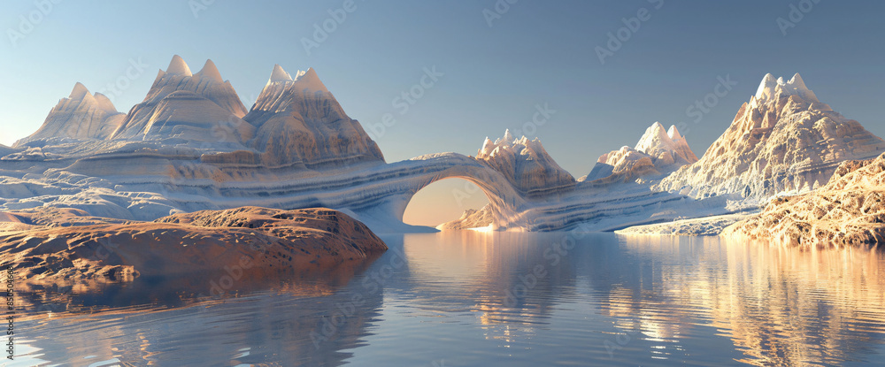 Poster 3d rendering of a surreal landscape with smooth, floating mountains and an arching water surface