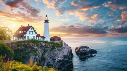 Fototapeta premium Lighthouse on Rocky Coast at Sunset