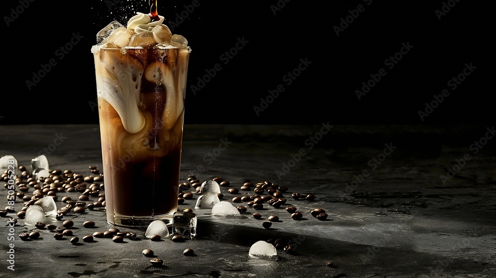 Poster ice coffee in a tall glass with cream poured over ice cubes and beans on a dark concrete table cold 
