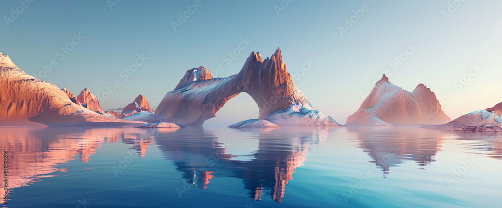Poster 3d rendering of a surreal landscape with smooth, floating mountains and an arching water surface