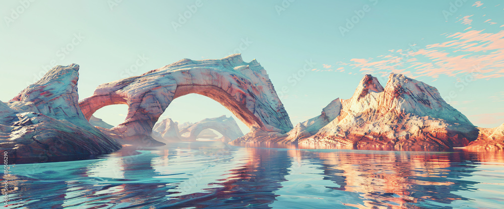 Poster 3d rendering of a surreal landscape with smooth, floating mountains and an arching water surface