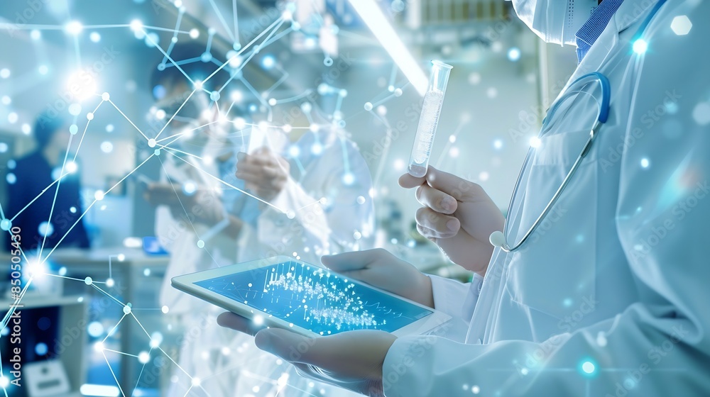 Poster tablet scientist and happy for analysis in laboratory healthcare and reading of online pharmaceutica