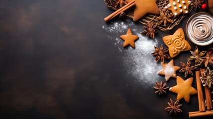 Artistic composition with Christmas gingerbread cookies, spices and star shaped sprinkling of sugar - Powered by Adobe