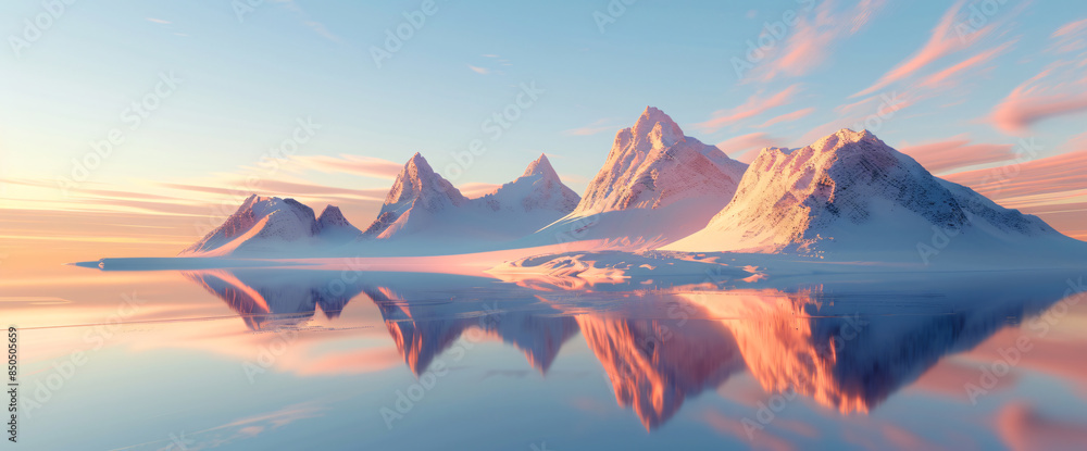 Poster 3d rendering of a surreal landscape with smooth, floating mountains and an arching water surface