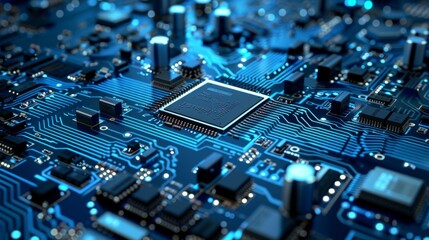 Detailed view of a microprocessor and surrounding circuitry on a computer motherboard The image showcases the complexity of modern electronics