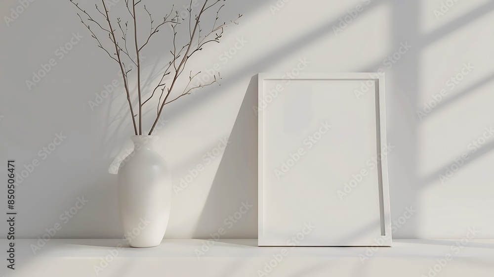 Aufkleber mock up white frame and dry twigs in vase on book shelf or desk white colors : generative ai