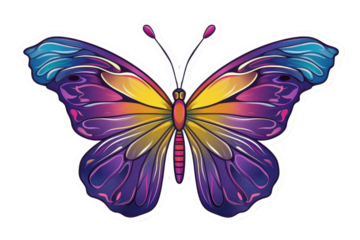 Beautiful vibrant butterfly illustration with colorful wings in purple, blue, yellow, and orange hues. Perfect for design and decoration.