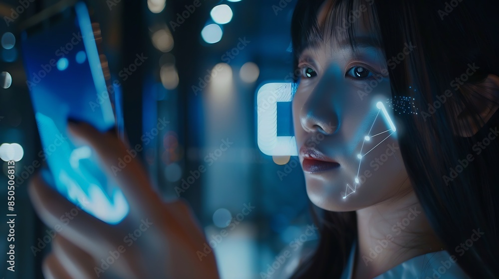 Leinwandbilder Asian using mobile smartphone scanning  face ID to unlock phone security access with facial recognition technology for biometric identification future home living luxury tech : Generative AI