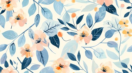Whimsical pastel floral and leaf pattern, hand-drawn, seamless design