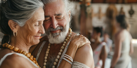 Obraz premium Altes Paar umarmt sich während eines Tantrakurses