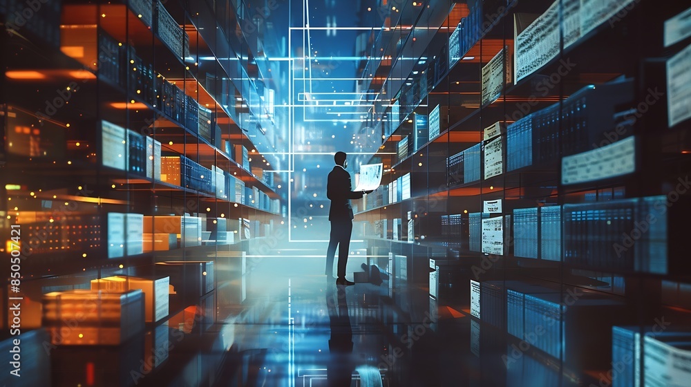 Poster Individuals with document holograms in information system archiving important documents in online databases to be accessed at any time document database management Storing document fil : Generative AI