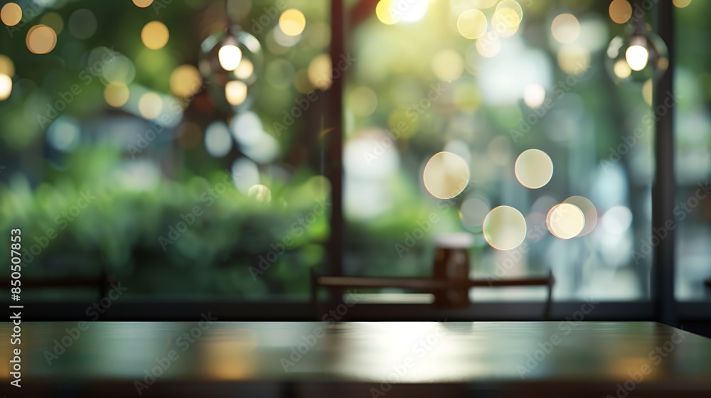 Poster dark blurred background with empty table top cafe restaurant windows background for your product : Generative AI