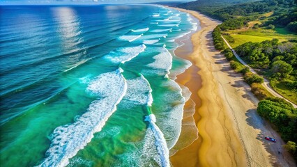 Aerial drone view of a stunning beach with turquoise ocean waves, beach, aerial, drone, view,...