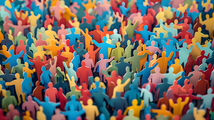 Large crowd of diverse people. paper cut out style