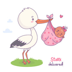 Cute stork standing in grass with black ethnic newborn baby girl. Vector illustration. Funny Cartoon bird kawaii and infant. Cool childish card birthday. Kids collection.