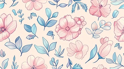 Whimsical seamless pattern of pastel-colored flowers and leaves, hand-drawn