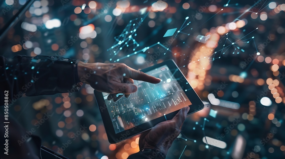 Aufkleber Digital technology internet global network technology concept Business man using digital tablet computer with global internet network connection smart city background data exchange eco : Generative AI