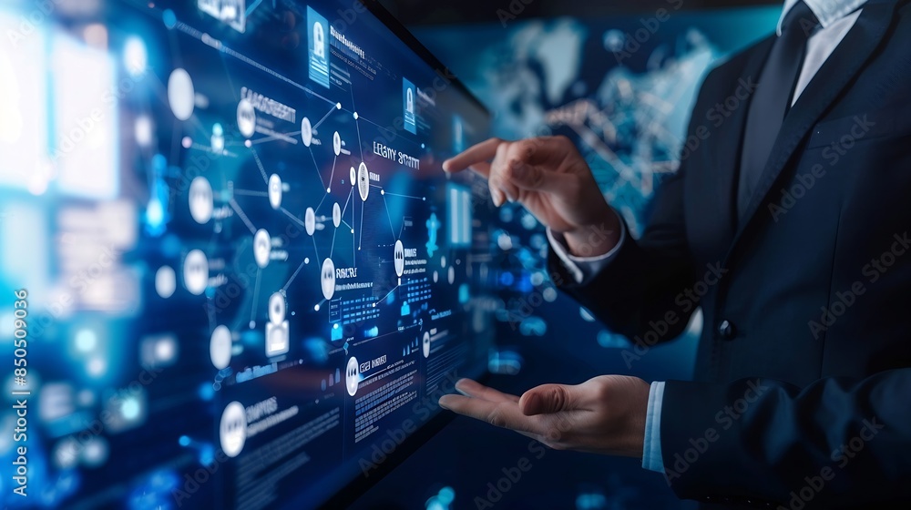 Poster Businessman using virtual touch screen presses inscription LEGACY SYSTEM Legacy Systems Business Technology Interoperability Upgrade concept : Generative AI