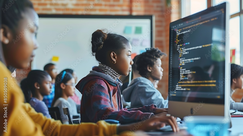 Leinwandbilder Teacher Giving Computer Science Lecture to Diverse Multiethnic Group of Female and Male Students in a College Room Projecting Slideshow with Programming Code Explaining Information Tec : Generative AI