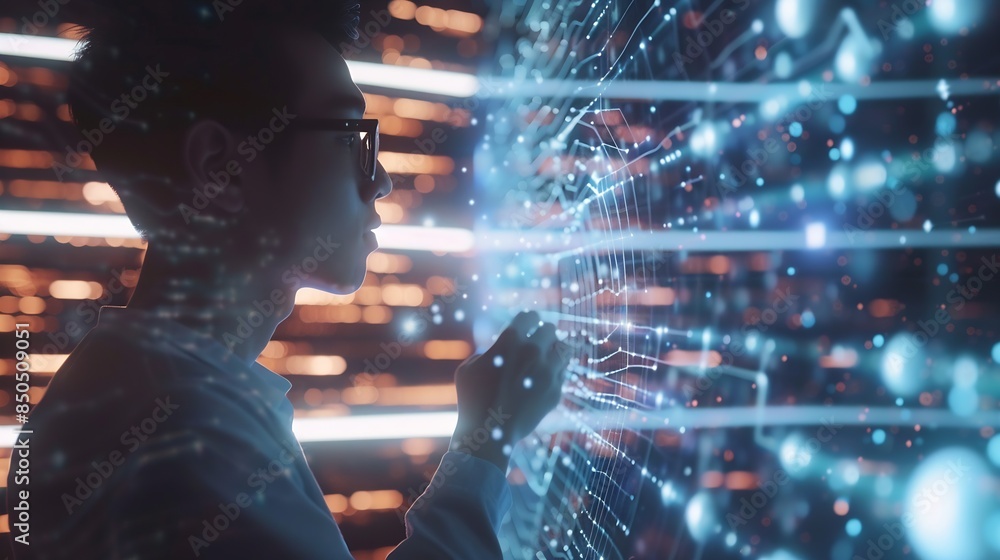 Poster Big data analytics with AI technology Data analyst analyzing and visualizing complex information network with artificial intelligence Machine learning algorithm for business analytics  : Generative AI
