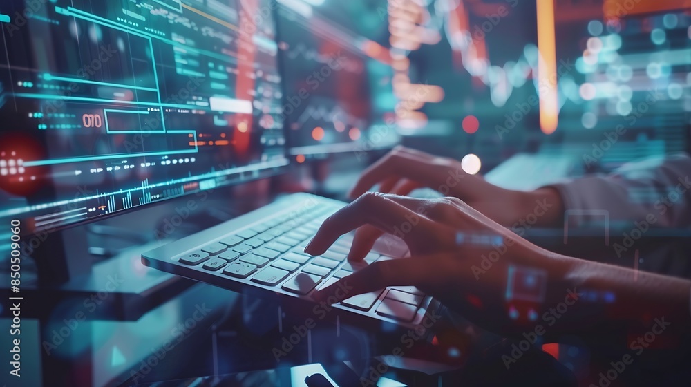 Aufkleber Hands person and typing on keyboard for research information and data with system technology Woman screen and overlay with coding or software update and programming or upgrade on cyber : Generative AI