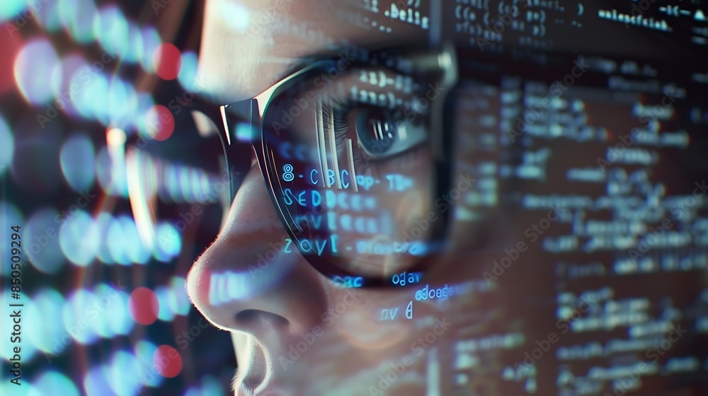 Poster Software data hologram and woman with code analytics information technology and gdpr overlay Programmer coding or IT person in glasses reading html script programming and cyber securit : Generative AI