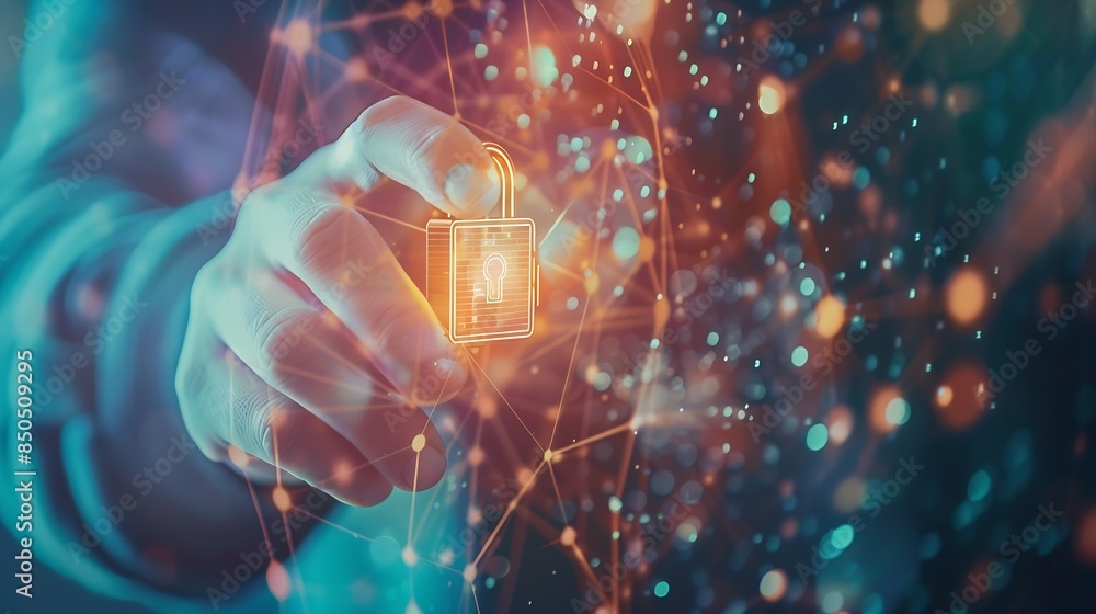 Poster Cyber security Hand hold digital padlock Login verified identity credentials on network of data protection technologyOnline internet authorized access against cyber attack and business : Generative AI