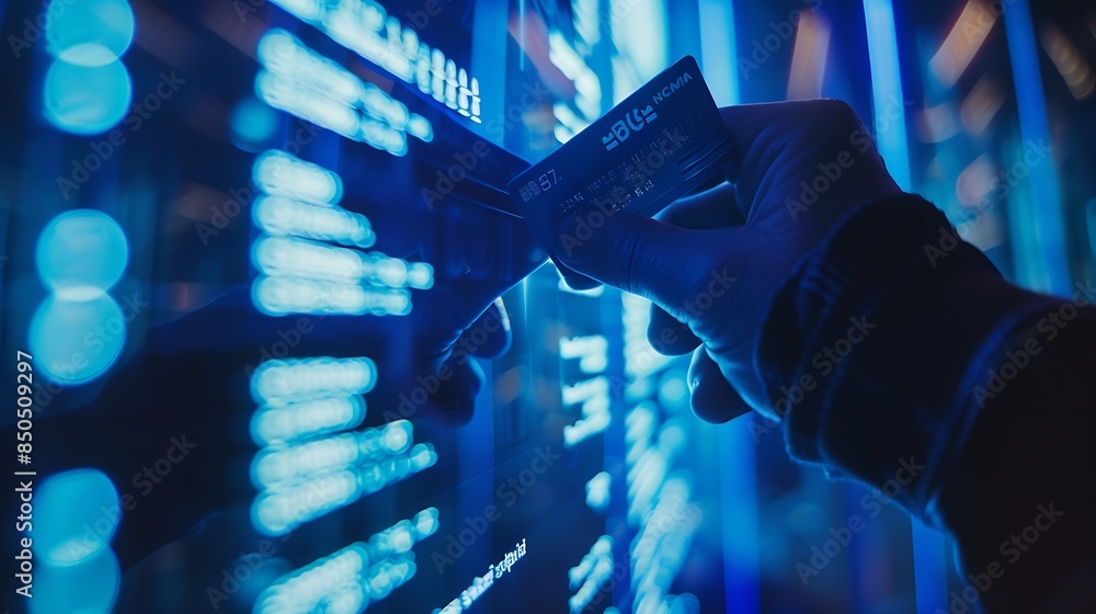 Poster Cropped hands image in criminal anonymous male approaching credit card of personal information database for codding encryption scam program in privacy system at night at blue neon ligh : Generative AI