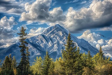 Obraz premium Peaks of Nature: Majestic Mountain Peaks and Cloudy Sky in Scenic Timberland